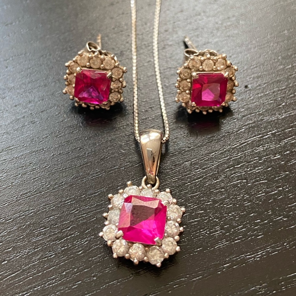 synth ruby and 92.5% silver earring and necklace